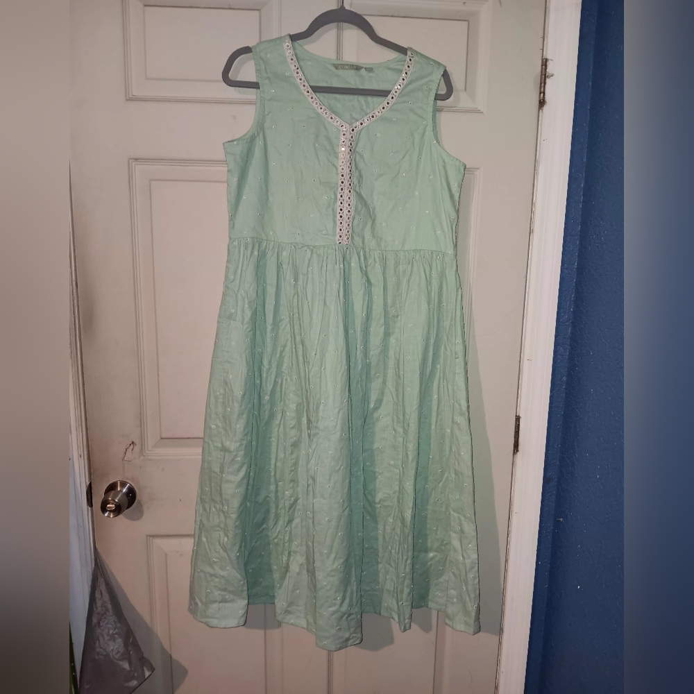Avaasa Mint Green Sleeveless Party Dress Eyelet Embroidered Neck Sequins